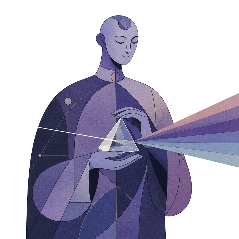 The Oracle, the guide for analytics agents, holding a prism
